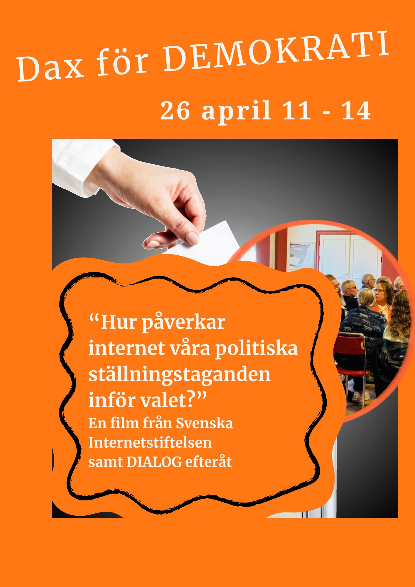 Välkommen på den årliga rapporten från Internetstiftelsen om svenskarna och internet. I år är det fokus på internet inför valet. Filmen är en debattfilm. Efter visningen ger vi plats för dialog.
Gratis inträde.
Det kommer finnas kaffe och kaka att köpa.
Varmt välkommen!
